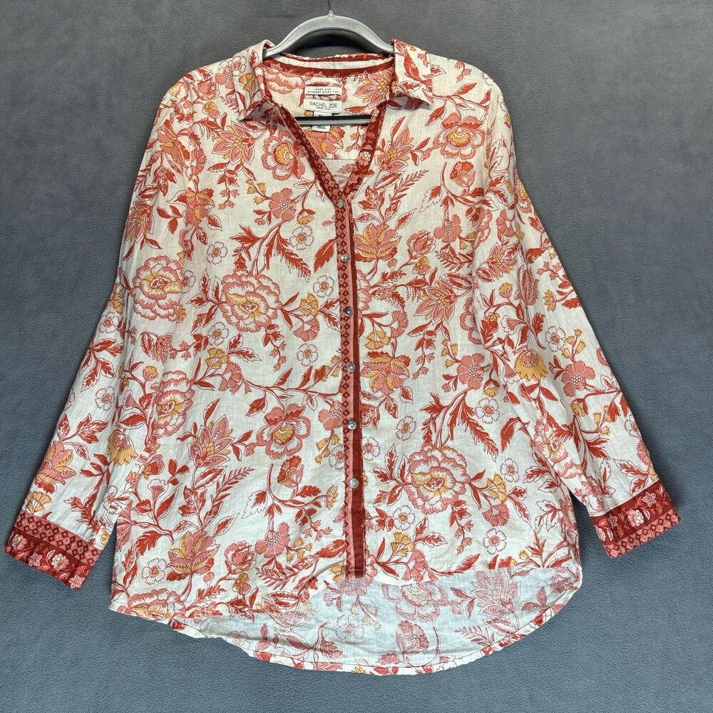 Rachel Zoe Size Large 100% Linen Floral Button Front Blouse Roll Tab Lagenlook - Picture 2 of 8